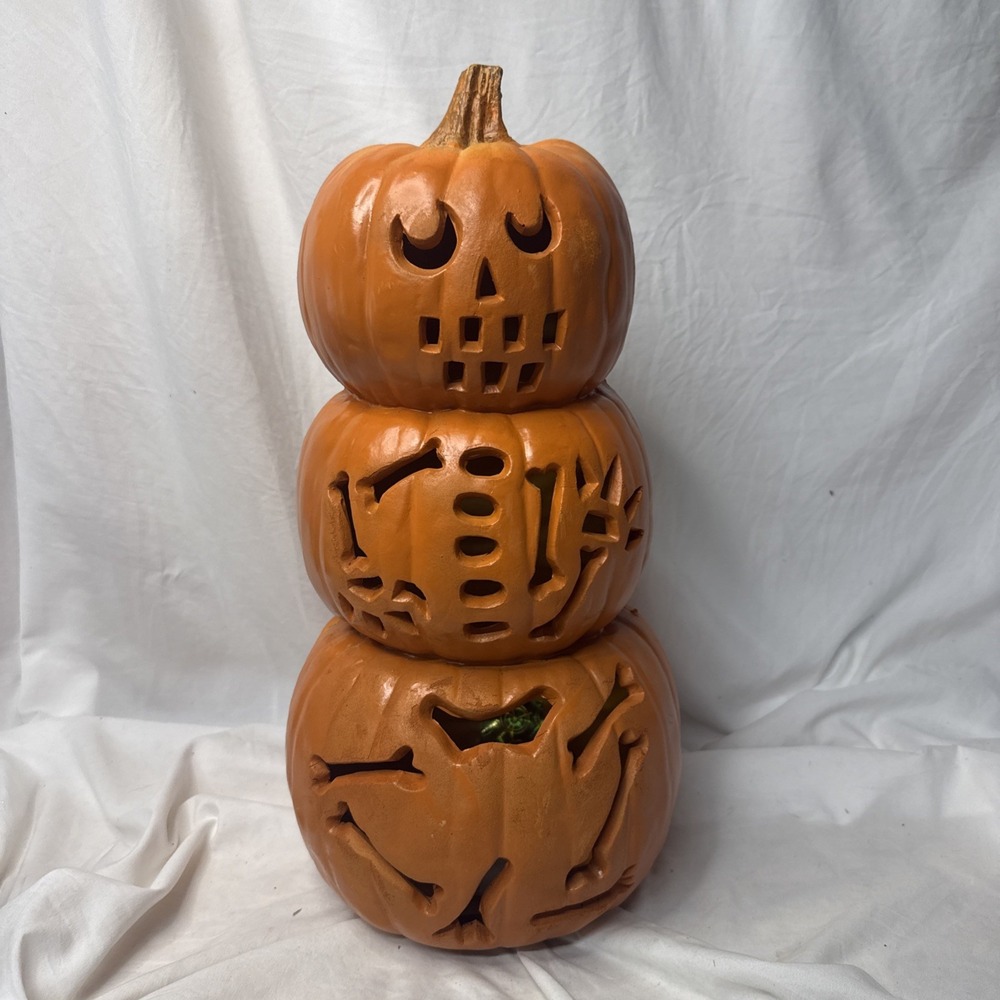 90s Gemmy Blow Mold 18" Halloween Jack O Lantern 3 Stack Pumpkins Bones READ